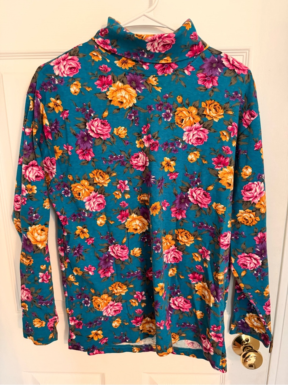 Hunt Club Teal Floral Turtleneck Long Sleeve Top
